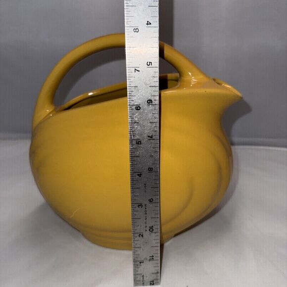 Over and Back Yellow Ware Ceramic Pitcher Disc Design Glazed Bottom Marked - Picture 7 of 8